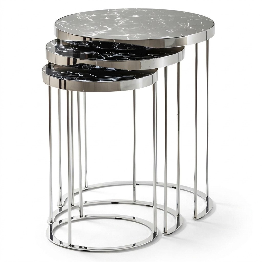Design Beistelltisch Set Rund in Marmoroptik mit Chrombeinen