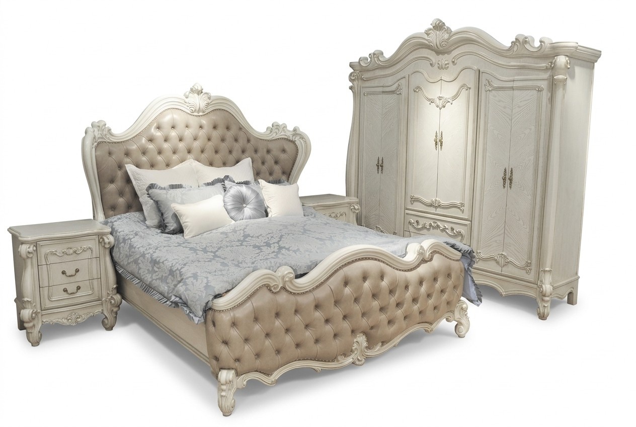 Bett + 2x Nachttisch 3 tlg. Schlafzimmer Set Designer Luxus Schlafzimmer Barock