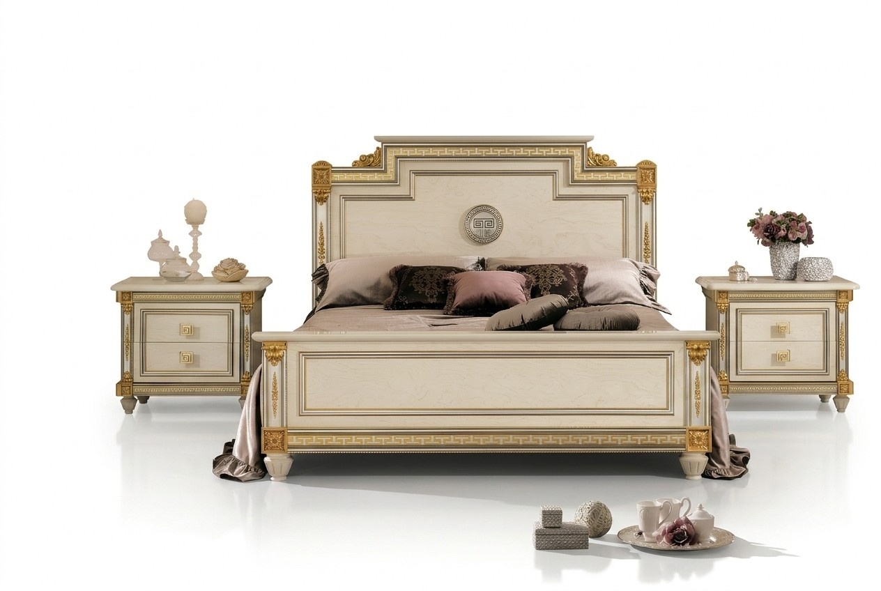 Bett + 2x Nachttisch 3 tlg. Schlafzimmer Set Designer Luxus Schlafzimmer Barock
