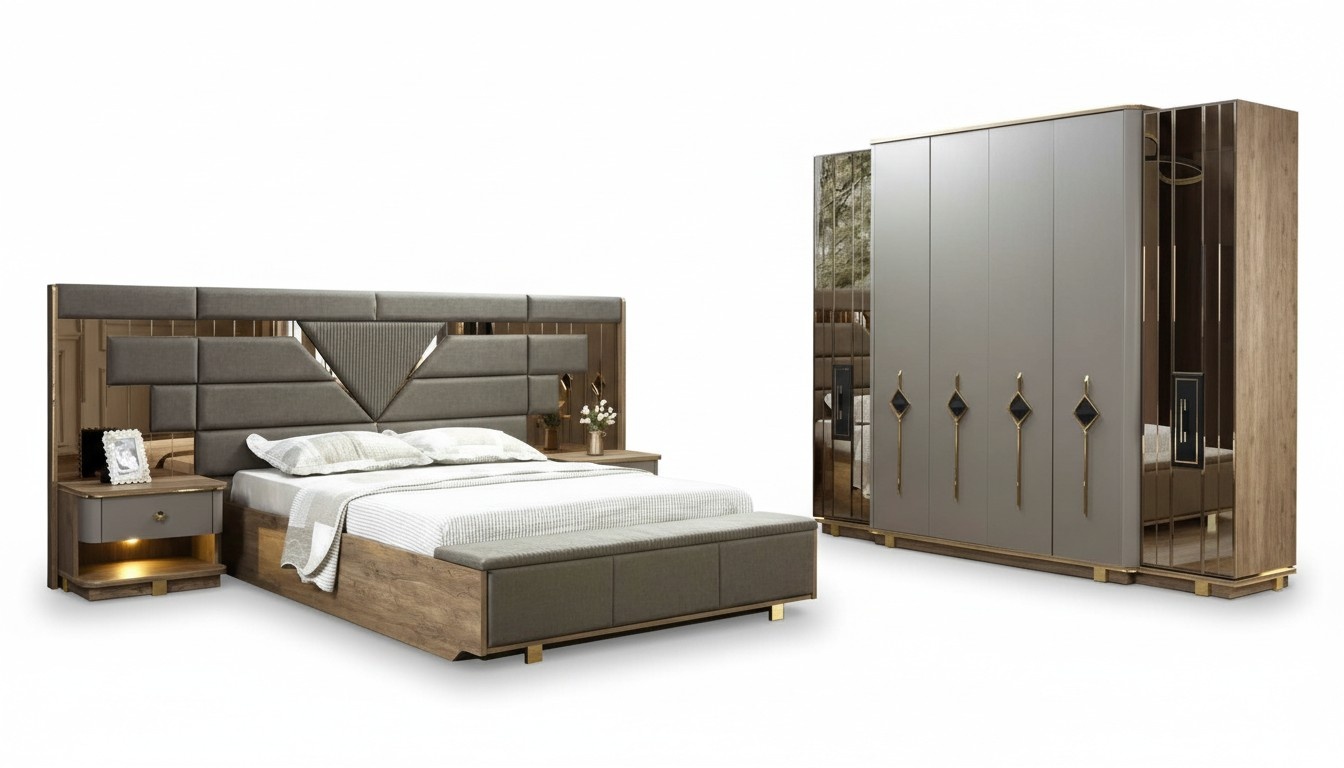 Bett 2x Nachttische Kleiderschrank 4 tlg. Schlafzimmer Set Möbel Luxus