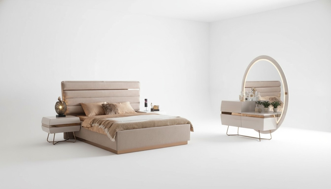 Bett 2x Nachttische Kommode mit groß Spiegel Schlafzimmer Set Komplett 5tlg