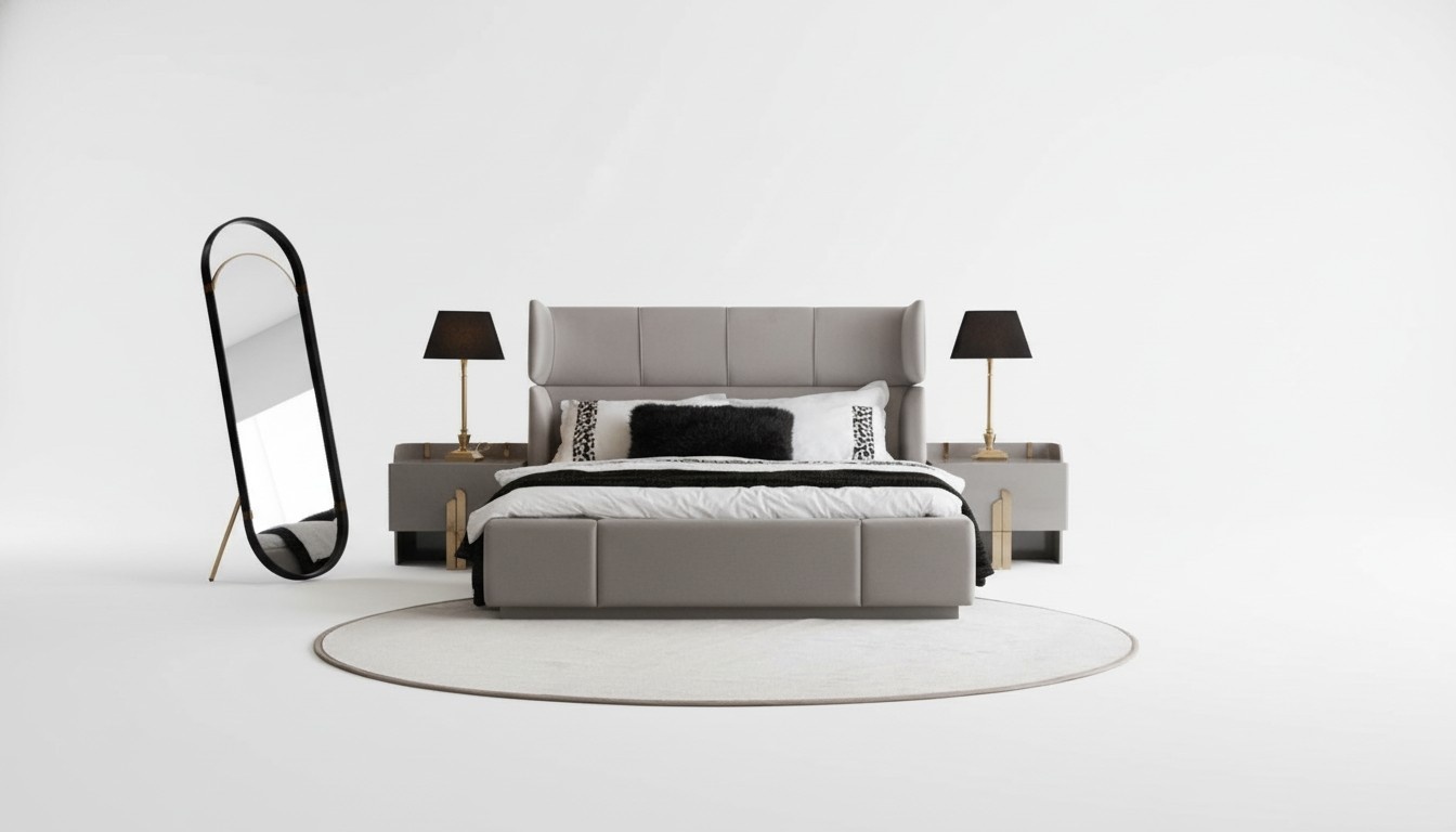 Bett 2x Nachttische mit Standspiegel Doppelbett Edelstahl Schlafzimmer