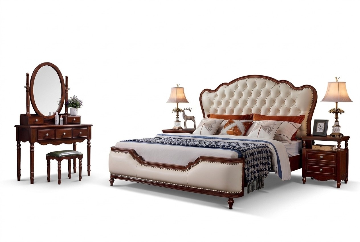 Bett 2x Nachttische Schminktisch Bank Schlafzimmer Möbel Luxus Holz 6tlg Set