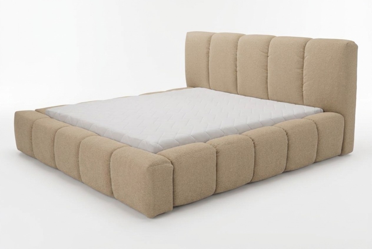 Bett Beige Doppelbett Schlafzimmer Holzmöbel Design elegant Polsterung Stoff neu