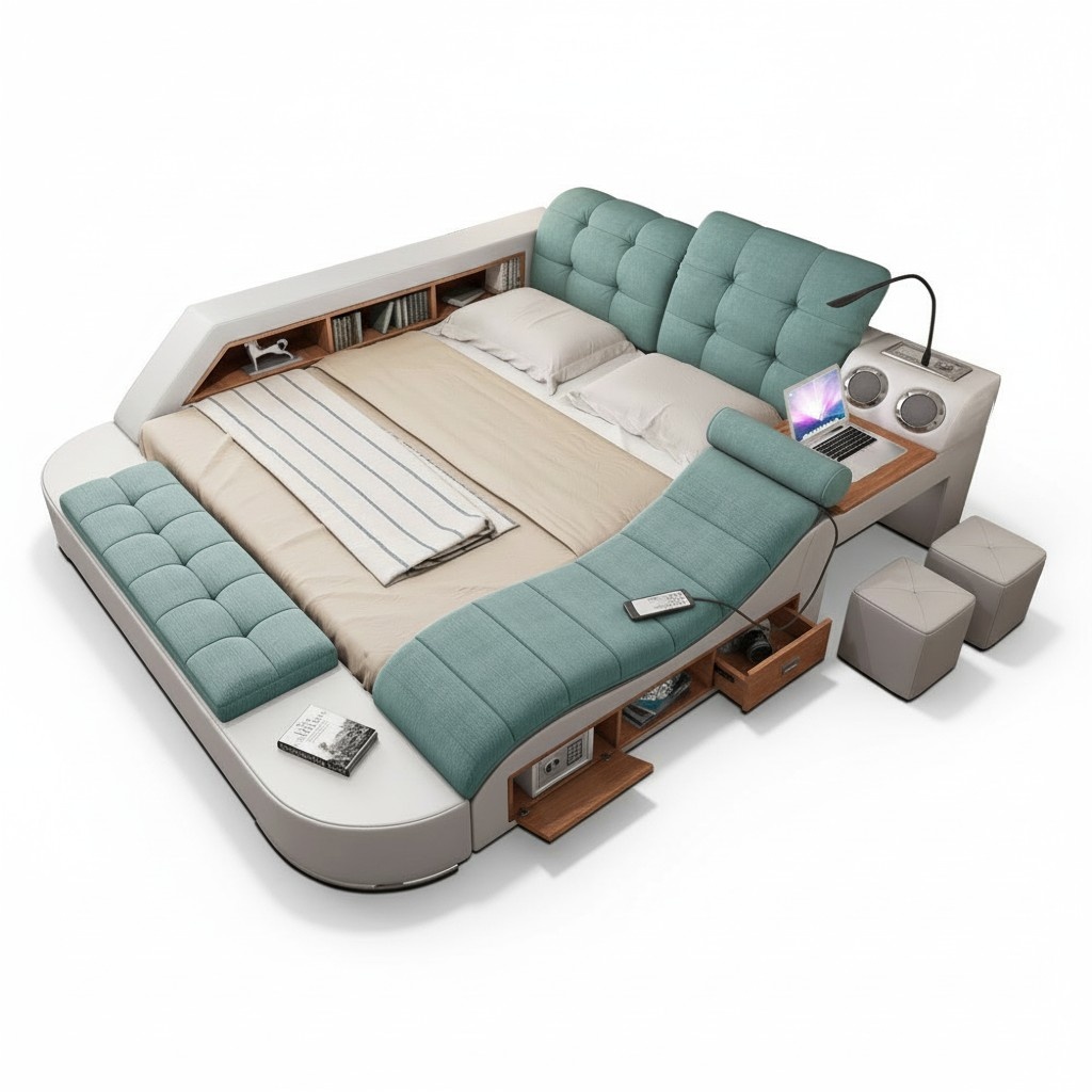 Bett Doppel Leder Polster Betten Multifunktion mit Massagefunktion Neu Regale