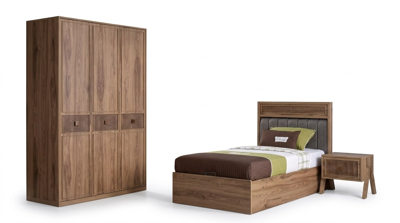Bett Holzbett mit Bettkasten Garnitur Jugendbett Holz Braun Set 3tlg