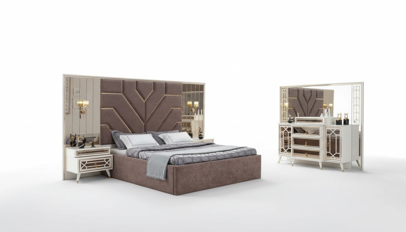 Bett Kommode mit Spiegel 2x Nachttische Edelstahl Gold Luxus Möbel 4tlg