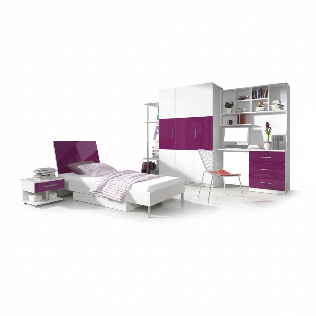 Bett + Nachttisch Kinderzimmer Möbel Bett Kinderbett Nachttisch 2tlg. Lila Neu