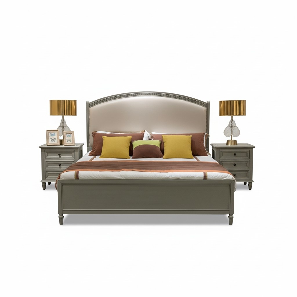 Bett Polster Möbel Design Betten Doppelbett Luxus Schlafzimmer Holz Textil grau