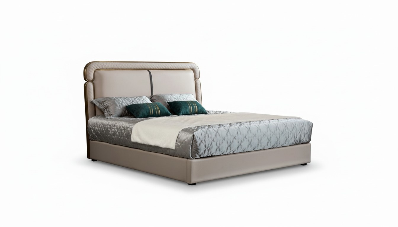 Bett Schlafzimmer Beige Doppelbett Lederbett Modern Design Möbel Holz Luxus Neu