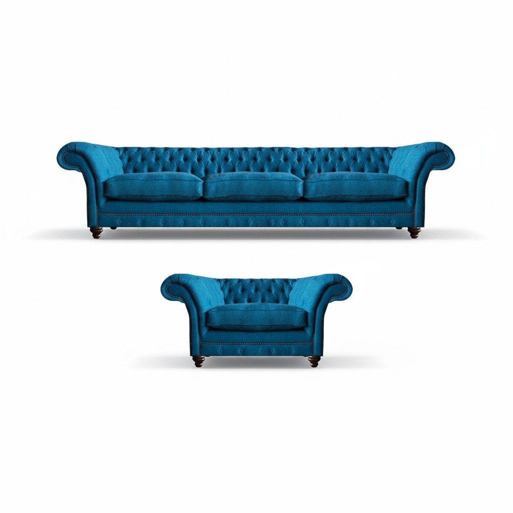 Blau Sofa Dreisitze Polstermöbel Couch Textil Sessel Chesterfield Einrichtung