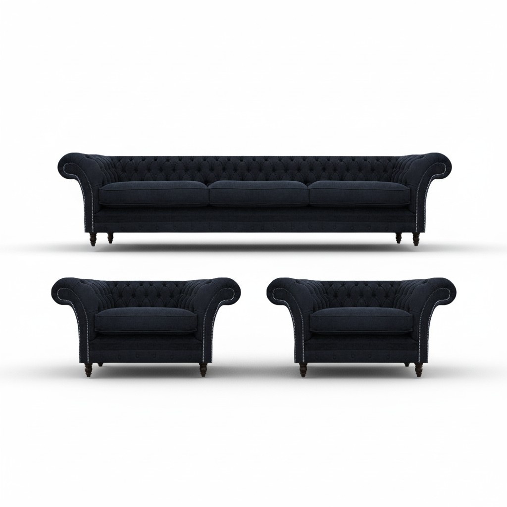 Blau Sofagarnitur 3tlg 2x Sessel Sofa Dreisitze Couch Einrichtung Chesterfield