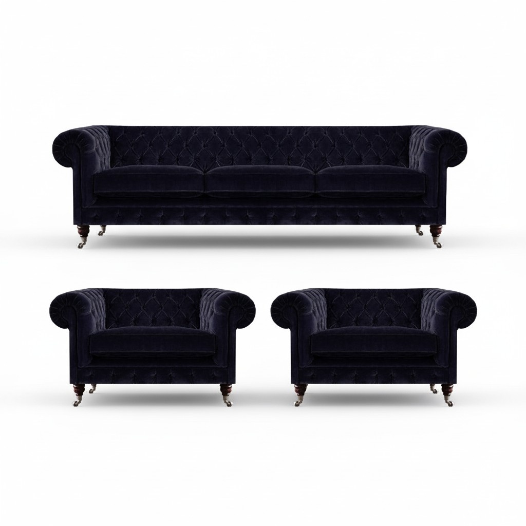 Blaue Chesterfield Couchgarnitur Designer 3-Sitzer 2x Polstersessel 3tlg