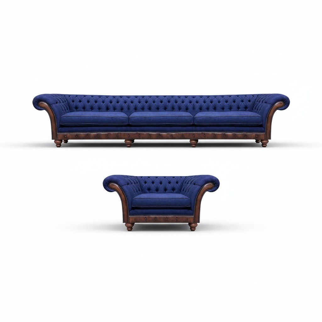 Blaue Chesterfield Polstermöbel Designer 3-Sitzer Sofa Stoffsessel 2tlg