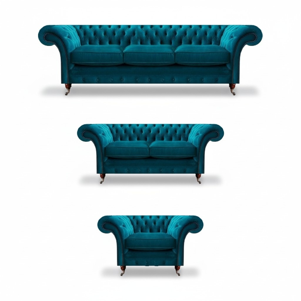 Blaue Designer Chesterfield Posltermöbel Wohnzimmer Textil Couchen 3tlg