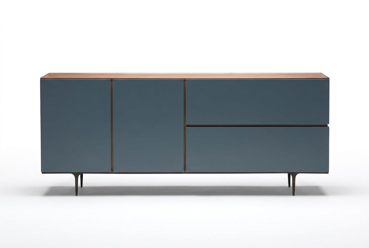 Blaue Holz-Konsole modern, elegante Ablagefläche, robustes Design