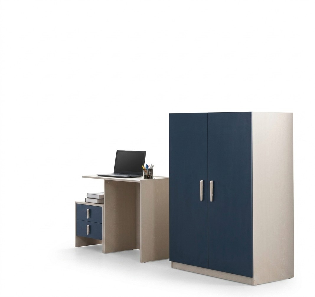 Blaues 3-tlg. Möbelset aus Holz für Schlafzimmer und Home-Office