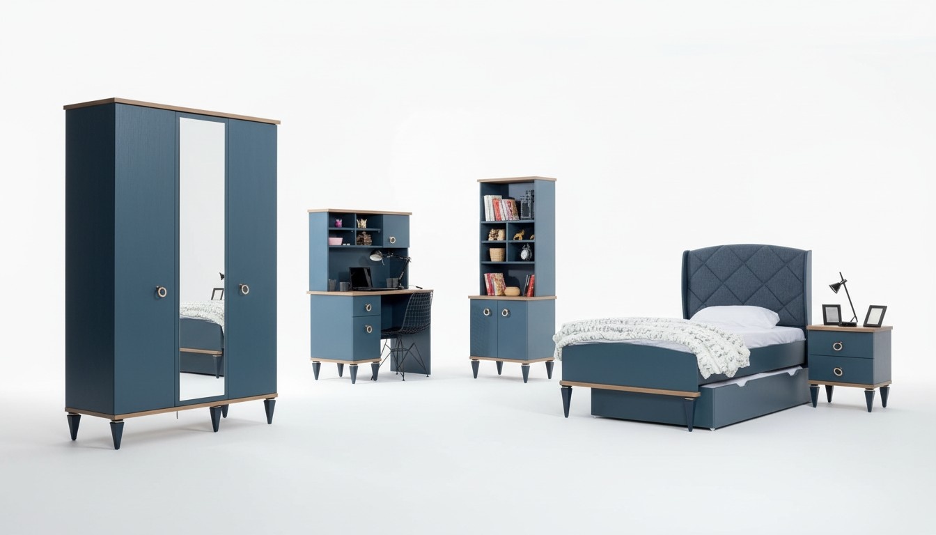 Blaues Kinderzimmer Set Bett Nachttisch Kleiderschrank Regal Schreibtisch
