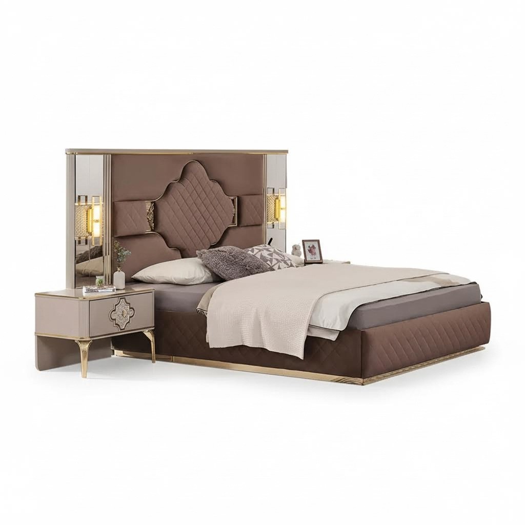 Braun-Beige Exklusive Schlafzimmer Garnitur Doppelbett 2x Nachttische