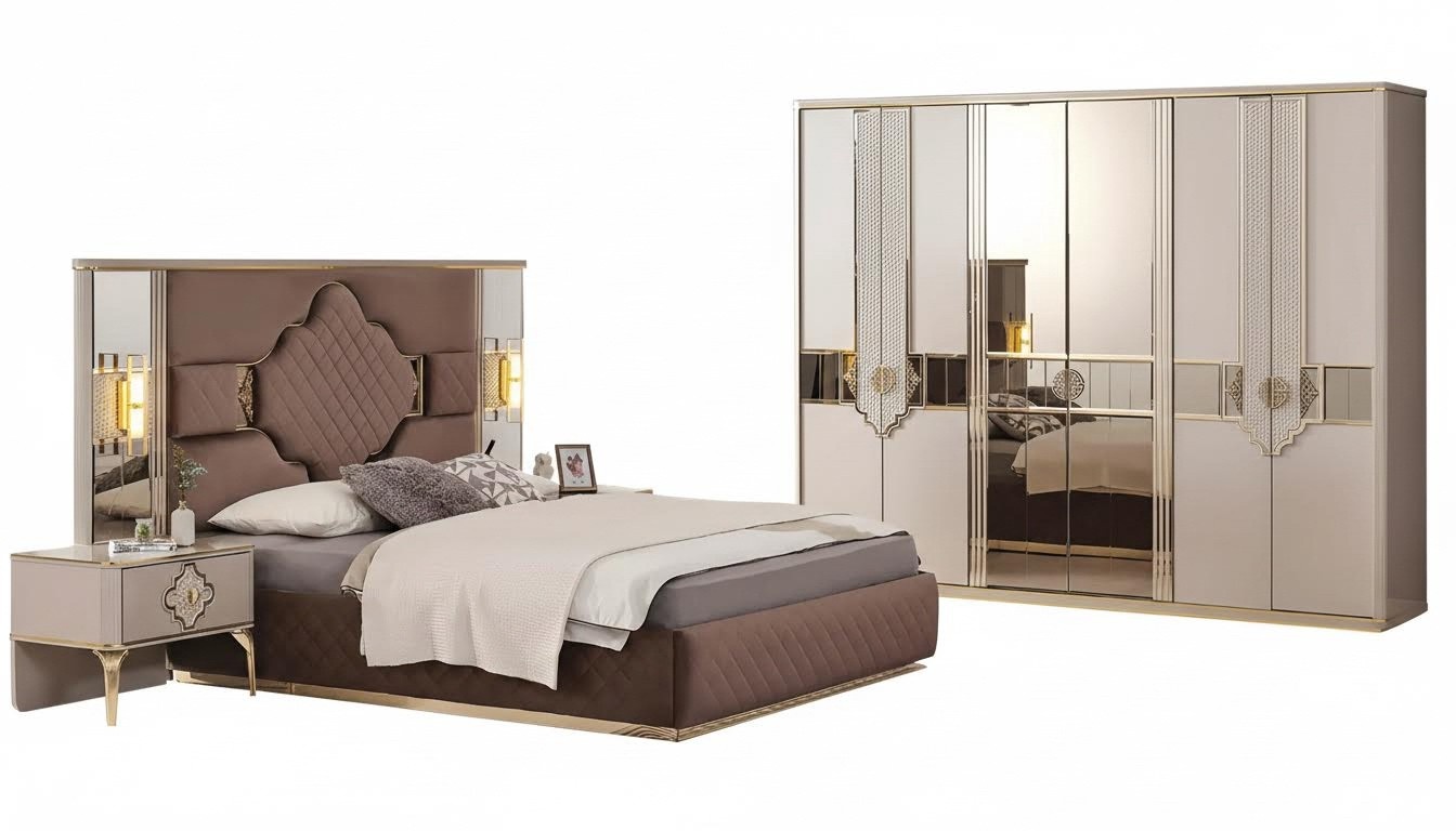Braun-Beiges Schlafzimmer Set Kleiderschrank Polsterbett Nachttische