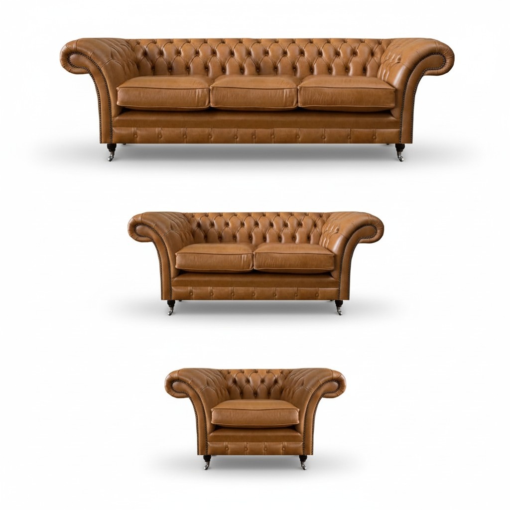 Braun Chesterfield Luxuriöse Sofagarnitur Set 3+2+1 Wohnzimmer Ledersofa