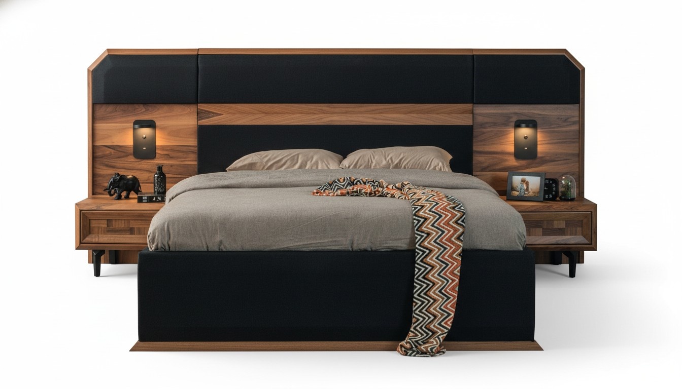 Braun-Schwarze Holz Schlafzimmer Garnitur Doppelbett 2x Nachttische 3tlg