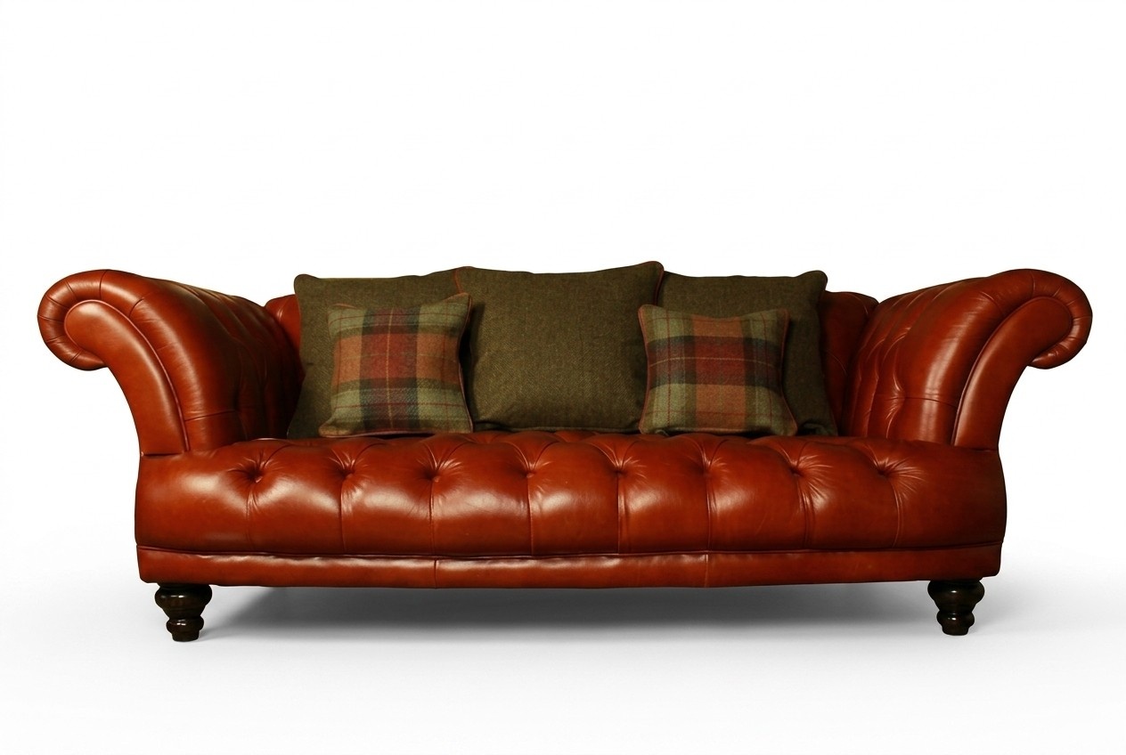 Braune Leder Chesterfield Sofa Couch Polster Stoff couchen Garnitur 3 Sitzer