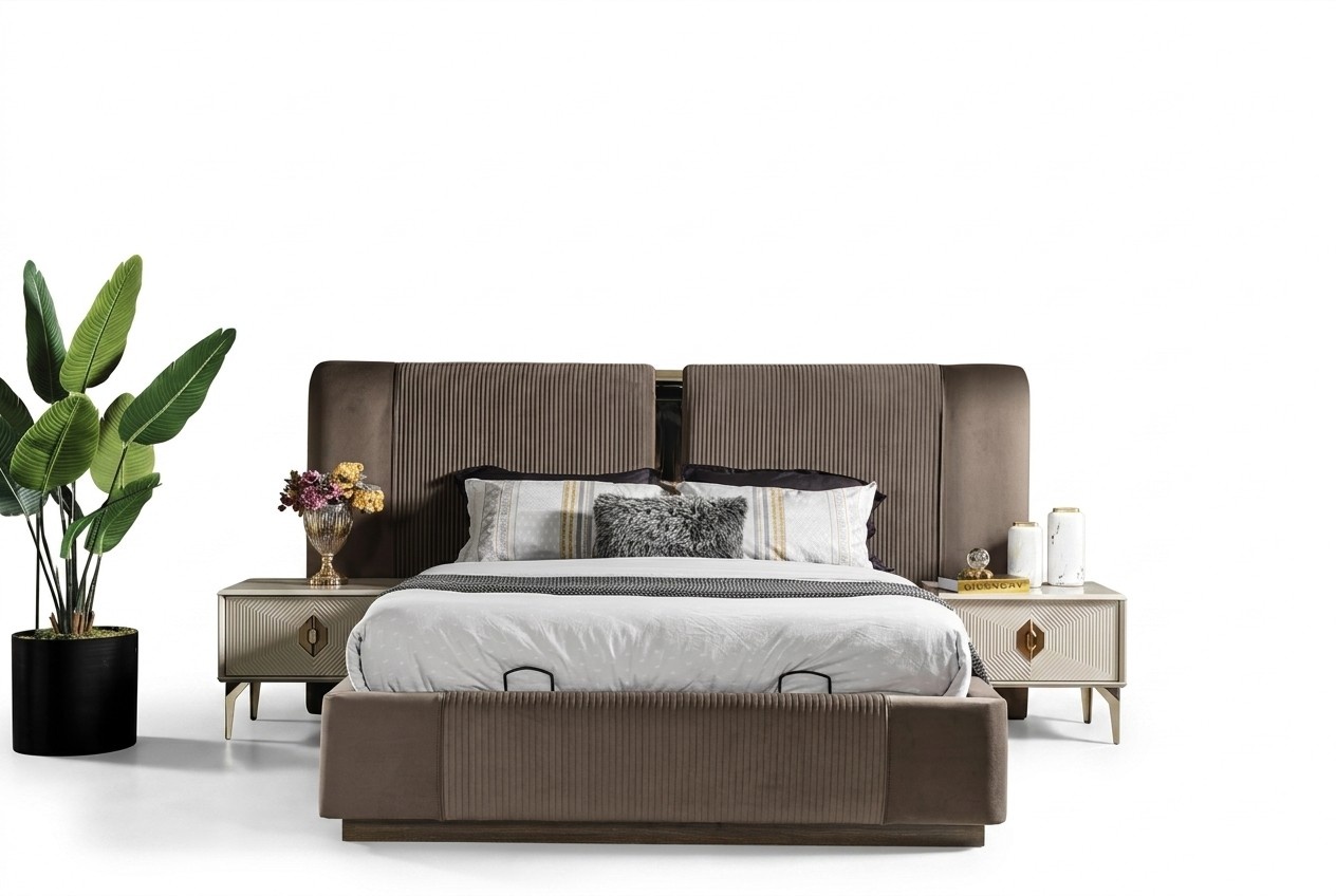 Braunes Schlafzimmer Set Designer Doppelbett 2x Nachttische Luxus Möbel
