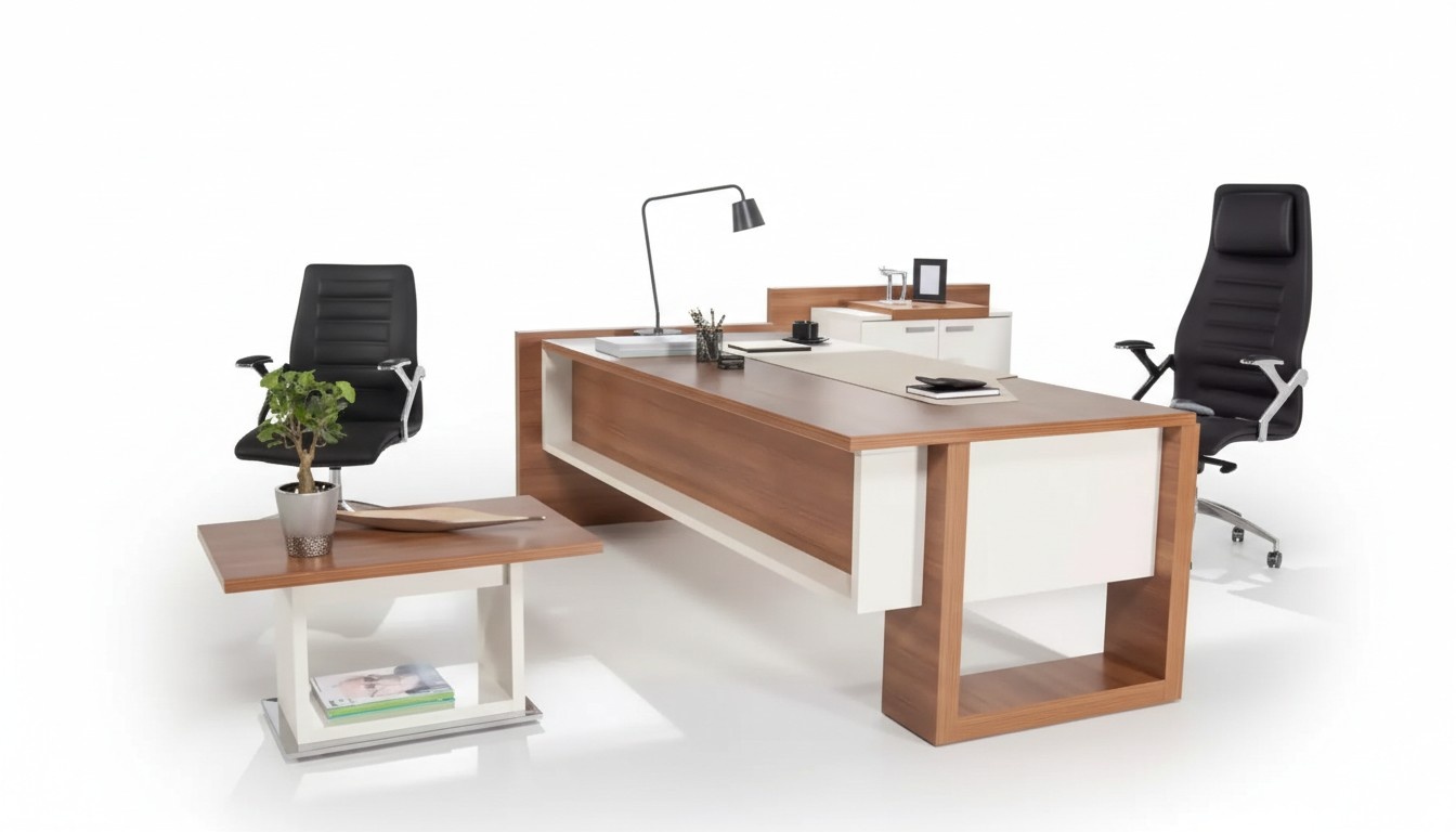 Chef Tisch Schreibtisch Brauner Office Tische Set Büro Einrichtung 3tlg Komplett