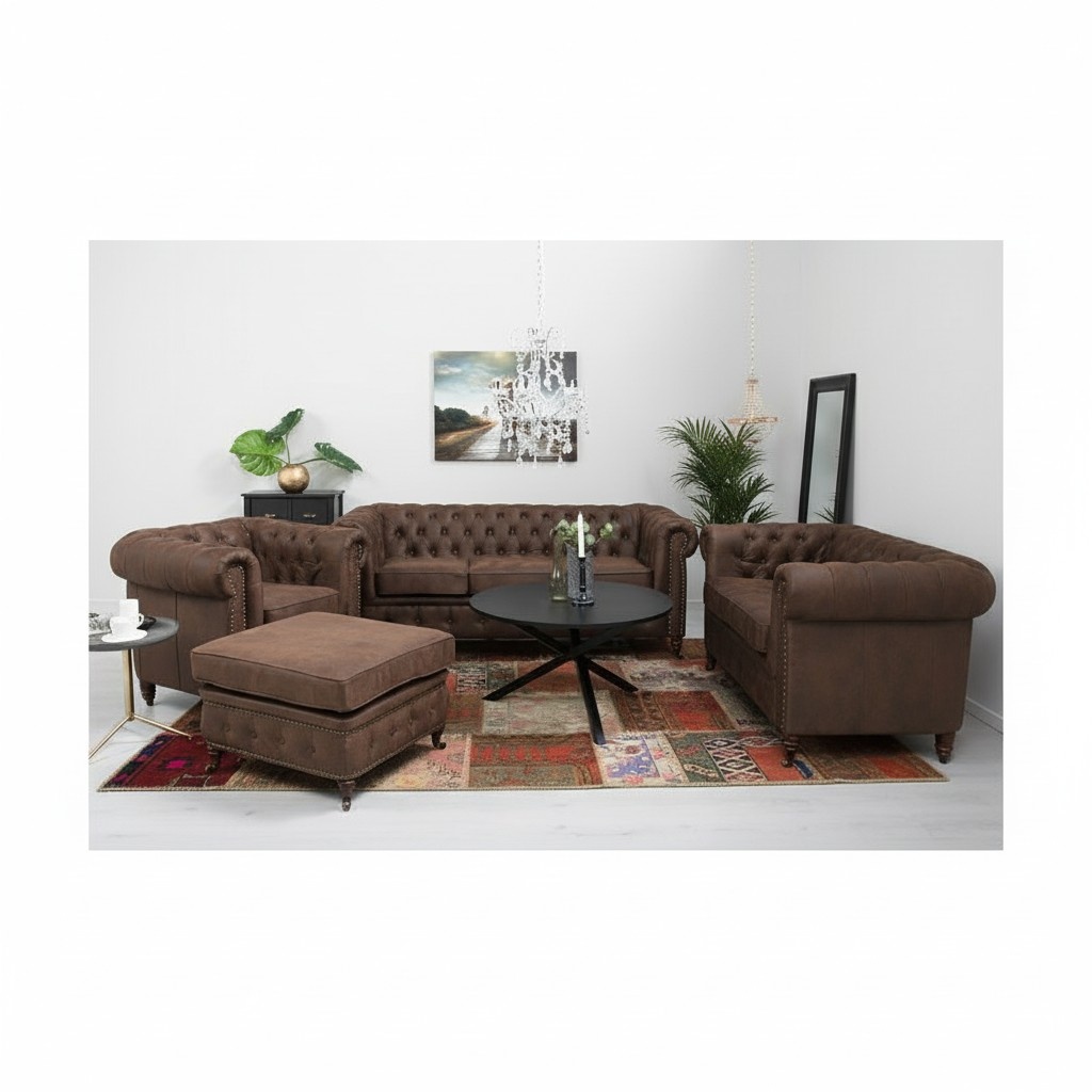 Chesterfield 3+2+1 Sitzer Sofagarnitur + Hocker Couch Sofa Leder Textil Couchen