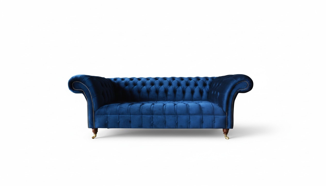 Chesterfield 3 Sitzer Blau Design Couchen Polster Sofas Samt Stoff Textil Luxus