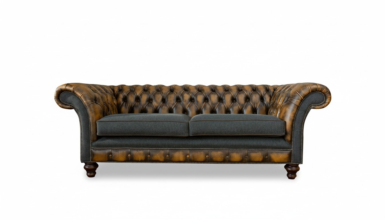 Chesterfield 3 Sitzer Braune Leder Stoff Wohnzimmer Modern Luxus Möbel