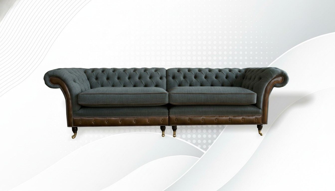 Chesterfield 4 Sitzer Grau xxl big Stoff Wohnzimmer Design Couchen Polster