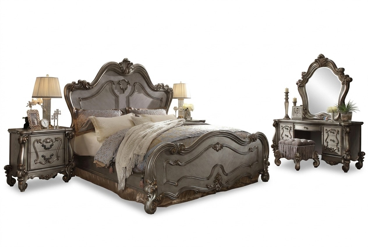 Chesterfield Barock Bett Doppelbett 2x Nachttische Holz Design Betten 3 tlg Set