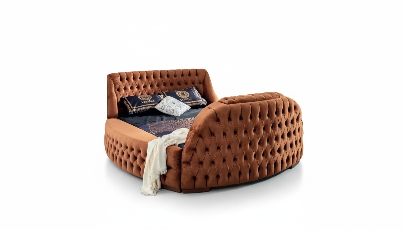 Chesterfield Bett Polster Design Luxus Betten Hotel Braun mit TV Fernseher Lift