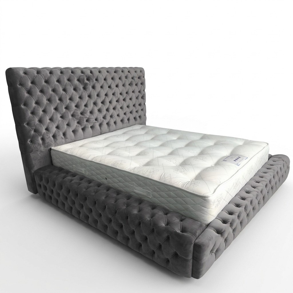 Chesterfield Bett Schlafzimmer Betten Textil 180x200cm Samt Big Hotel Grau Neu