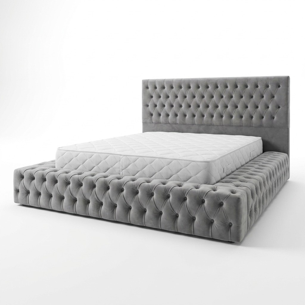 Chesterfield Big Bett Großer Kopfteil Betten Polster Hotel Samt Grau Stoff