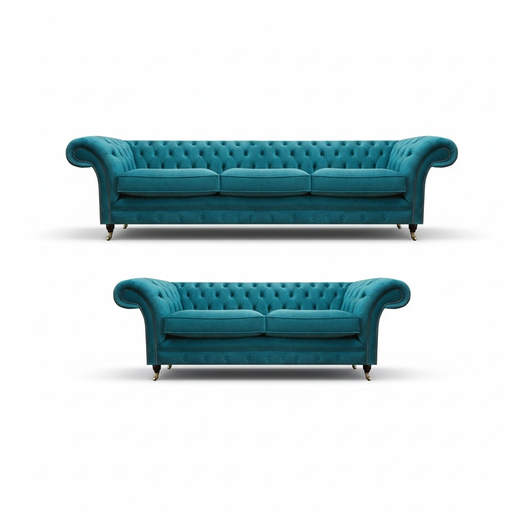 Chesterfield Blau 2x Sofas Set Wohnzimmer Polstermöbel Luxuriöse Sofagarnitur