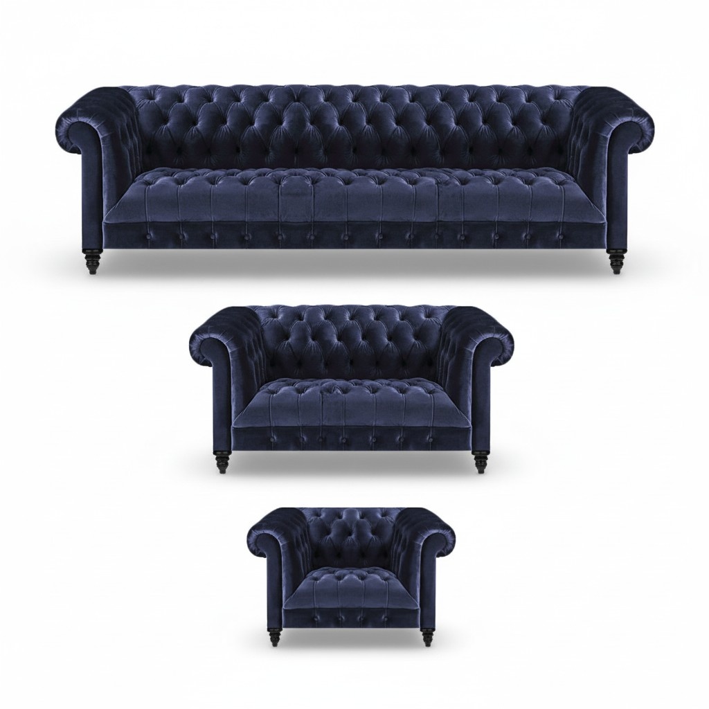 Chesterfield Blau Sofagarnitur 3tlg Set Wohnzimmer Einrichtung Polstermöbel