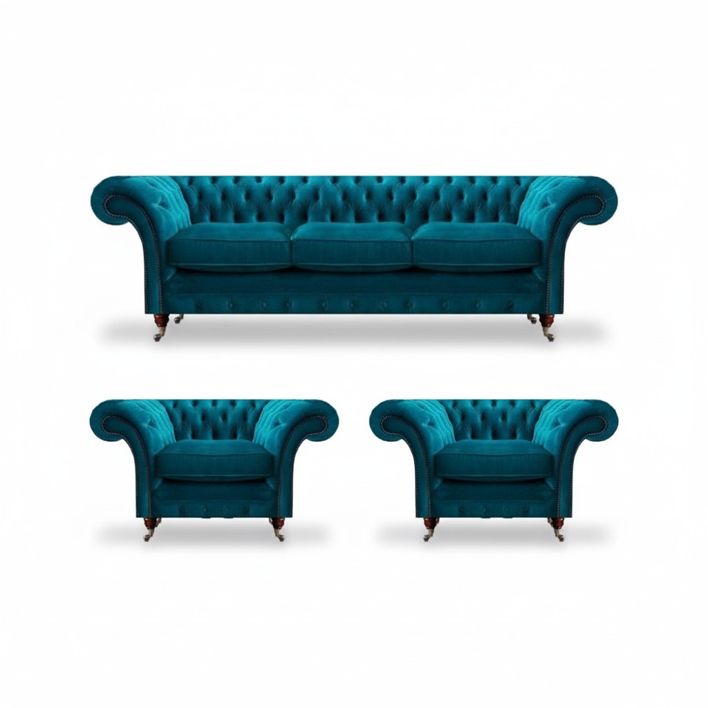 Chesterfield Blaue Couchen Polstersofas Wohnzimmer Textil Sitzmöbel 3tlg