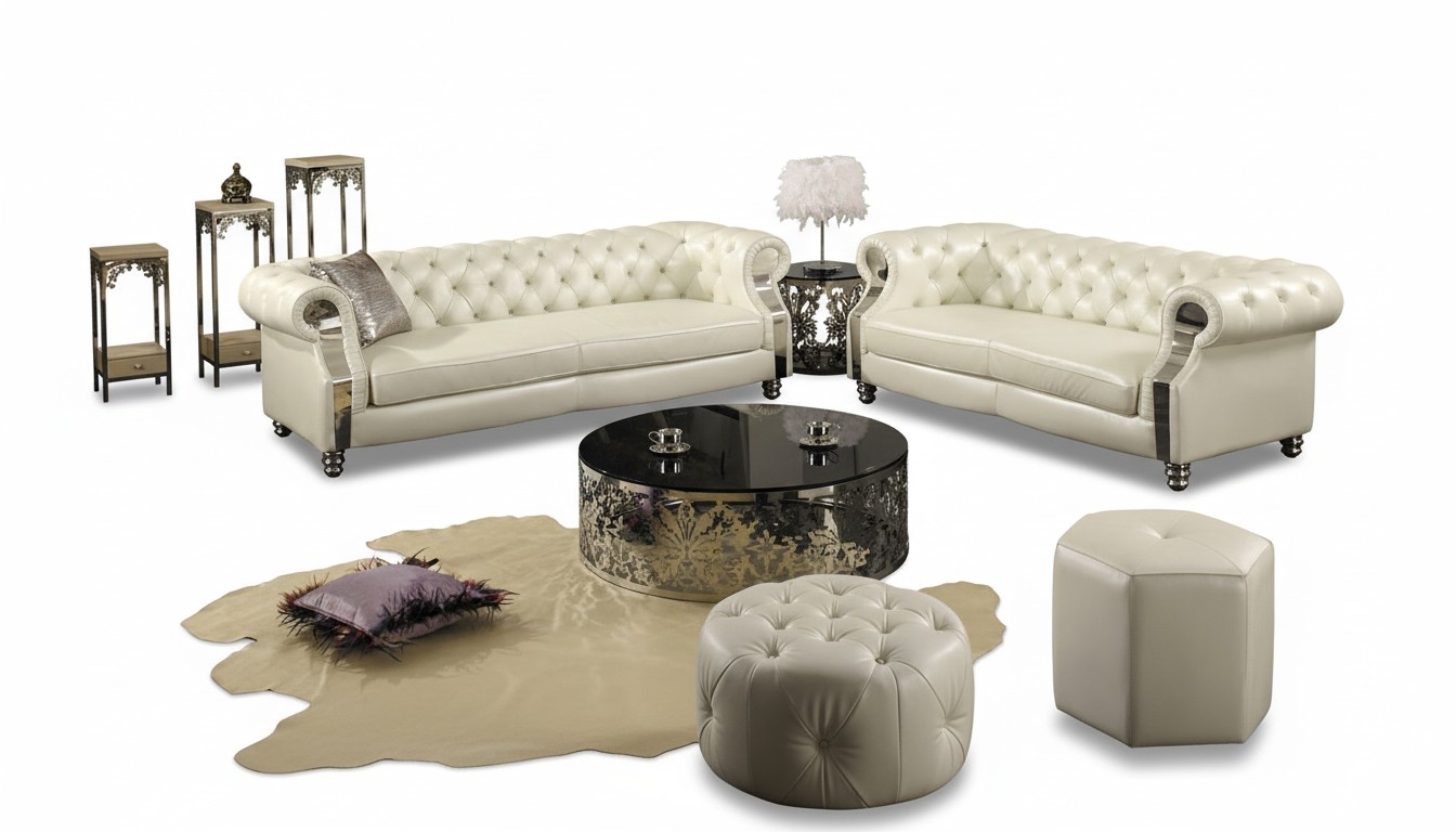 Chesterfield Designer Luxus Sofagarnitur 3+2 Couch Polster Weiß Leder Sofa Neu