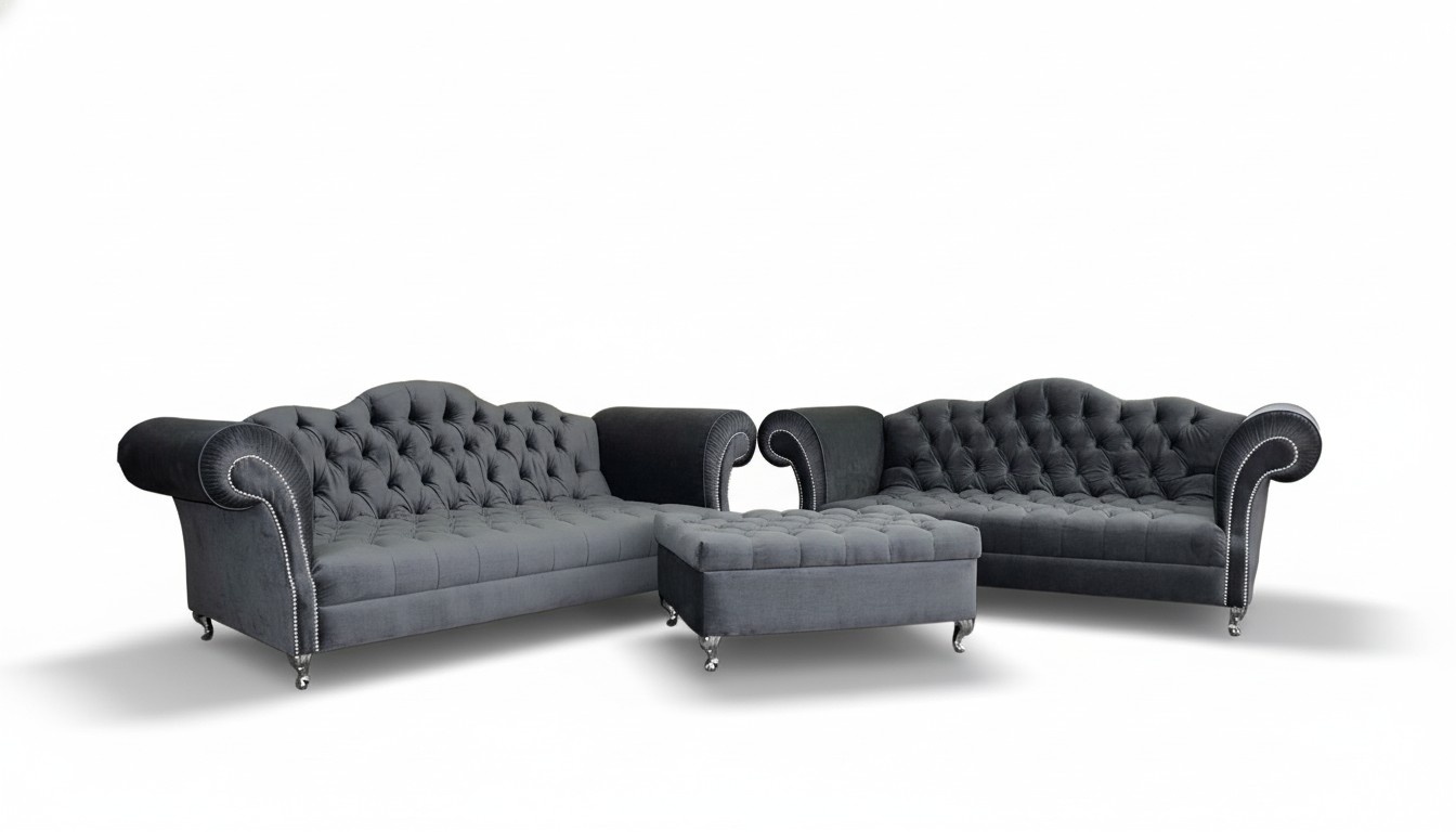 Chesterfield Designer Sofagarnitur 4+3 Hocker Couch Textil Sitz Polster