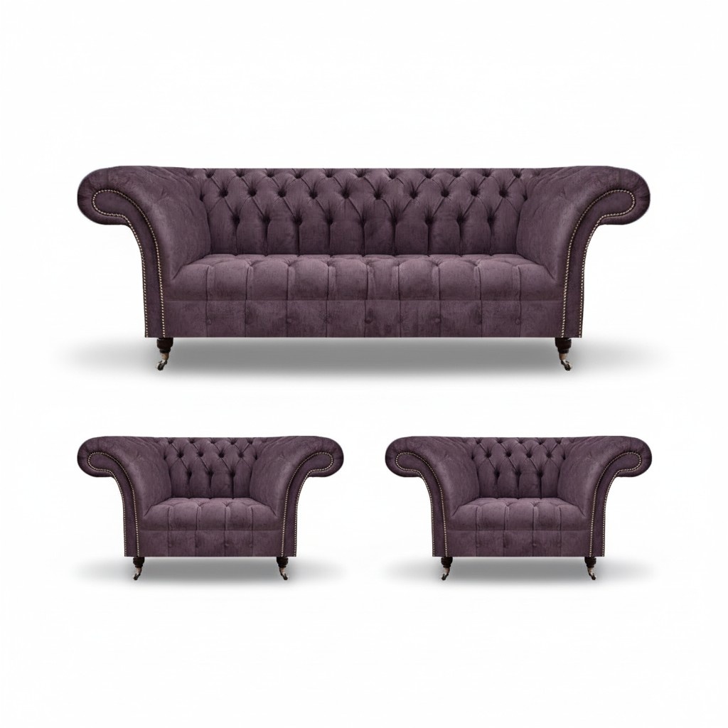 Chesterfield Dunkellila Sofagarnitur Dreisitzer 2x Textil Sessel 3tlg