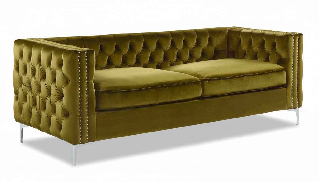 Chesterfield Gelb Samt Textil Stoff Wohnzimmer Couch Sofa Möbel Sitz Polster Neu