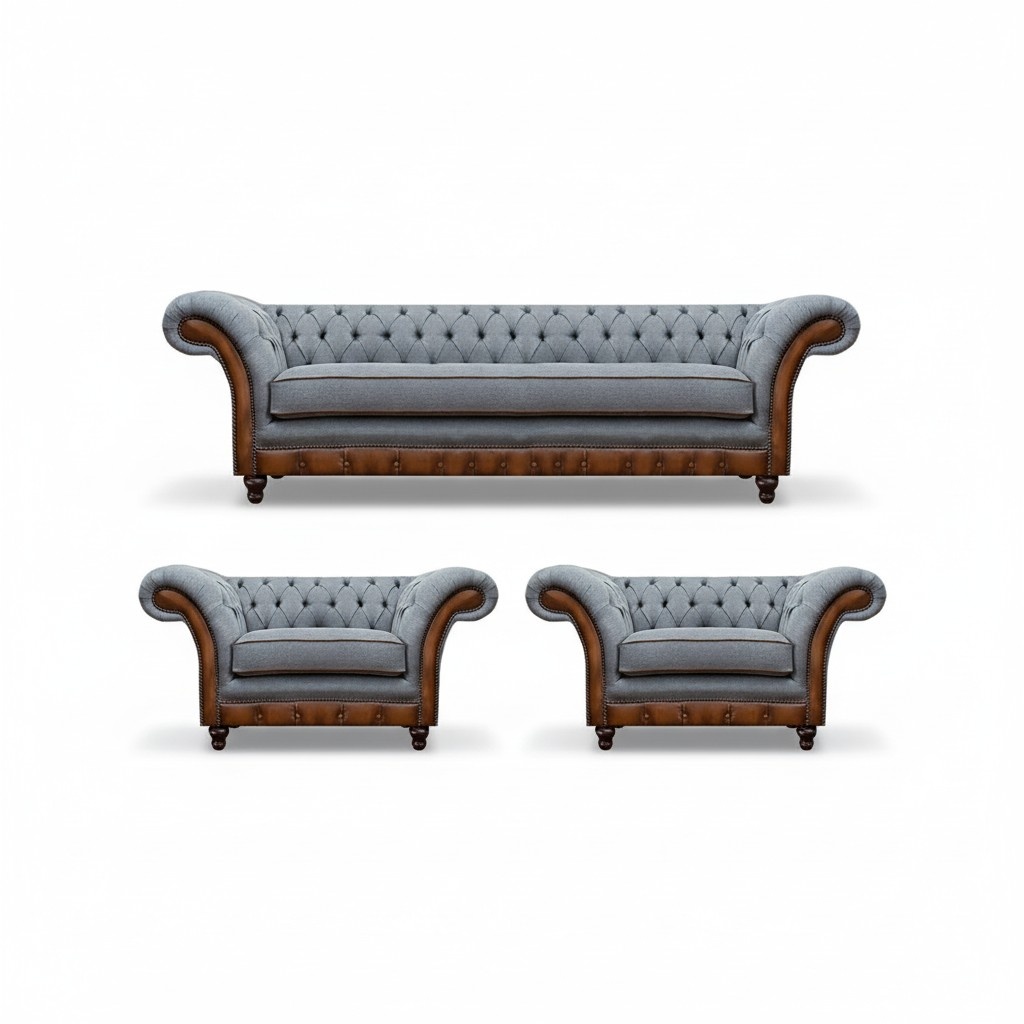 Chesterfield Grau-Braune Sofagarnitur Designer 2x Sessel Edler Dreisitzer