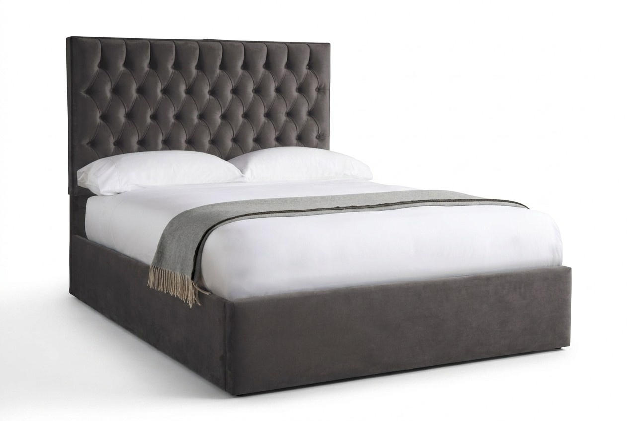 Chesterfield Grau Luxus Samt Textil Bett Doppel Design 180x200cm Betten Neu
