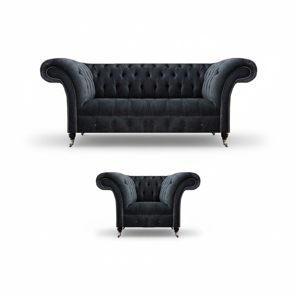 Chesterfield Grau Sofagarnitur 3+1 Sitzer Textil Luxuriöse Moderne Wohnzimmer