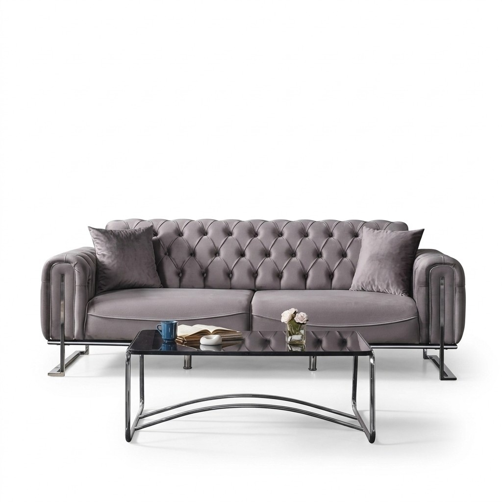 Chesterfield Grau Textil Polster Sofa Design Modern Sofas 3 Sitzer Luxus Couch