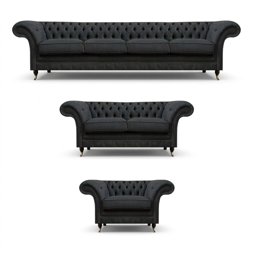 Chesterfield Graue Posltergarnitur Wohnzimmer Sitzmöbel Lehnsessel Sofas