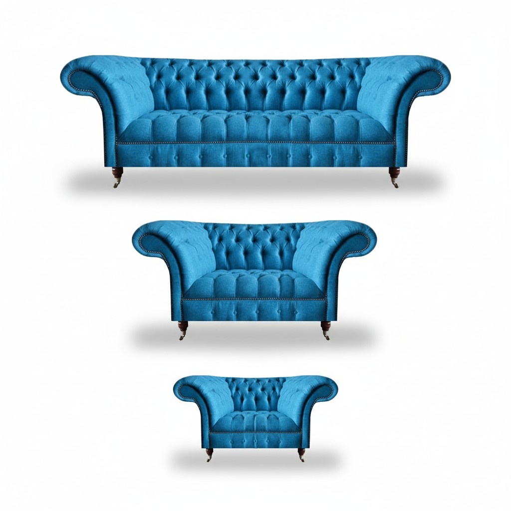Chesterfield Hellblaue Designer Sitzmöbel Edler 3-Sitzer Zweisitzer 3tlg